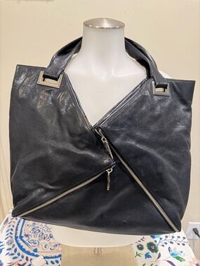 Kooba Black Leather Angled-Zip Shoulder Tote